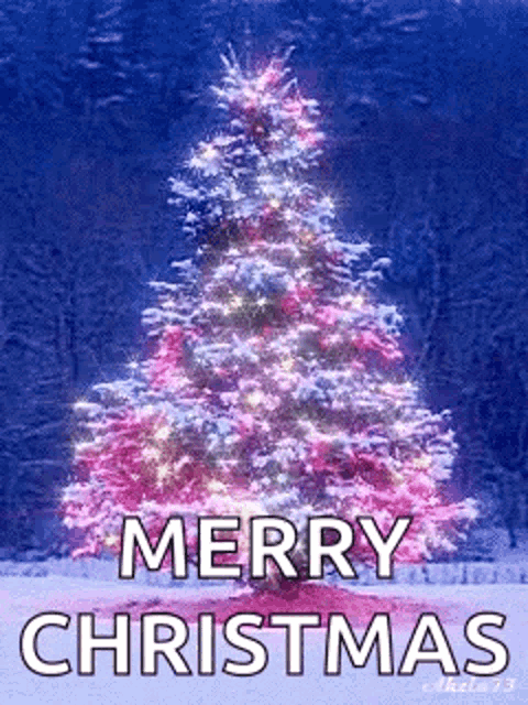 a merry christmas card with a pink christmas tree in the snow