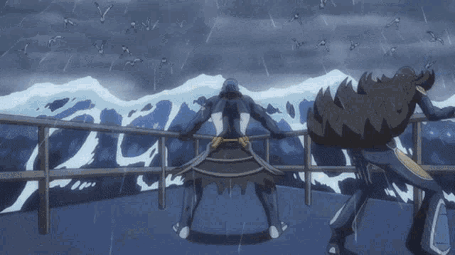 a couple of anime characters standing on a balcony with birds flying overhead