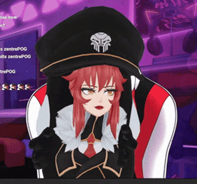 a girl with red hair is wearing a black hat with a skull logo on it