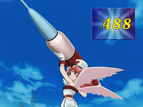 a girl with wings is holding a rocket with the number 3097 on it