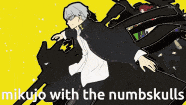 mikujo with the numbskulls is written in white letters on a yellow background
