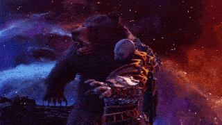 a bald man with a beard is standing next to a bear in a video game .