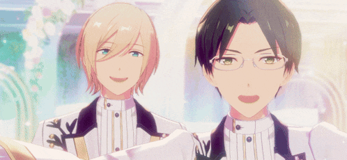 two anime characters are posing for a picture and one has glasses on