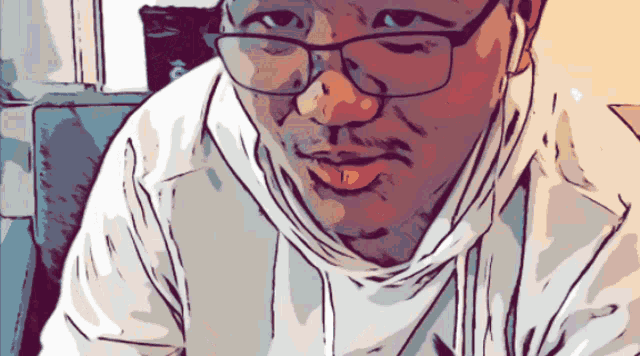 a cartoon of a man wearing glasses and a white shirt