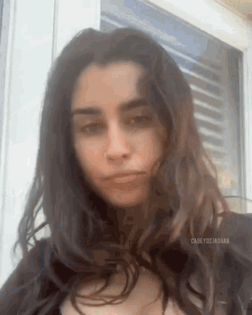 a woman with long dark hair is looking at the camera .