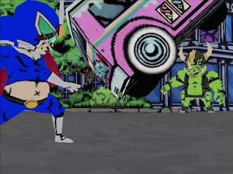 a cartoon of a man in a blue suit standing next to a monster