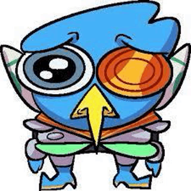 a cartoon drawing of a blue bird with a yellow arrow pointing upwards .