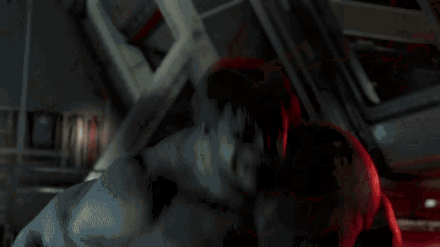 a man in a red suit is laying on the floor in a room