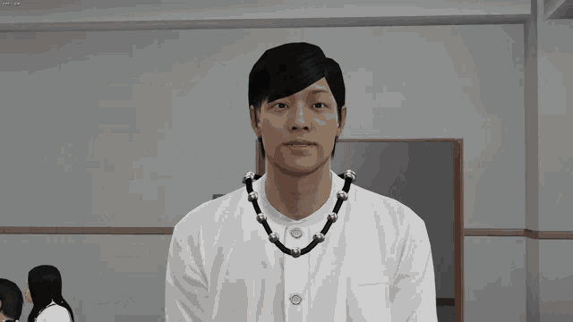 a man wearing a white shirt and a black necklace