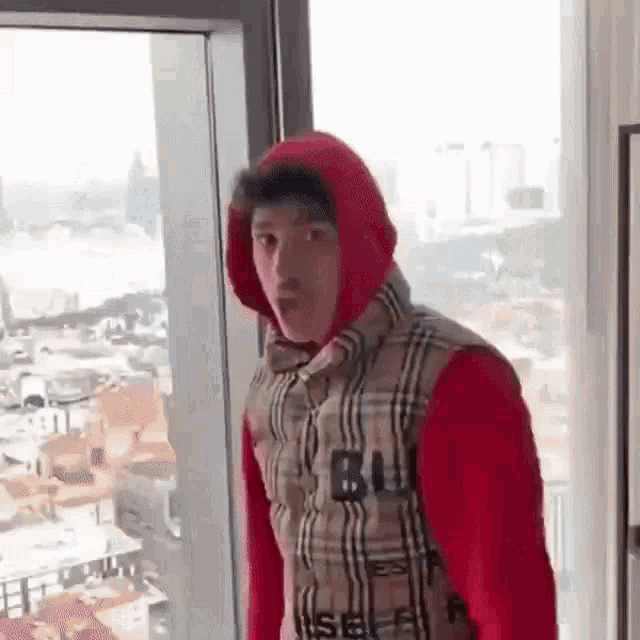 a man wearing a red hoodie and a burberry vest is standing in front of a window .