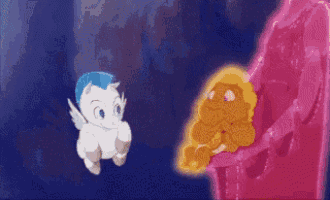 a cartoon of a pegasus flying next to a pink lion
