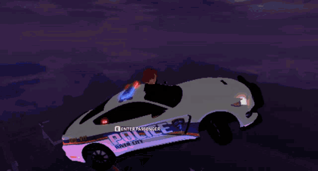 a video game character is driving a white police car