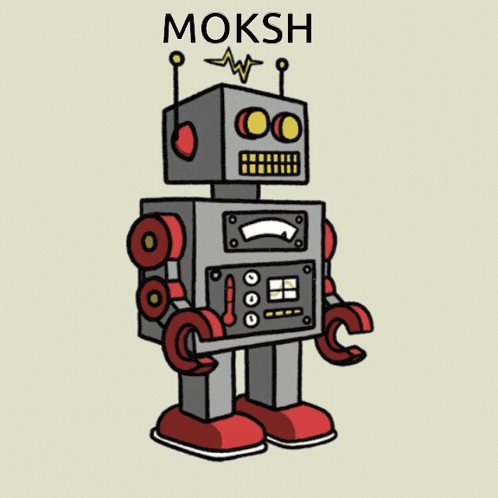 a cartoon drawing of a robot with the name moksha written above it