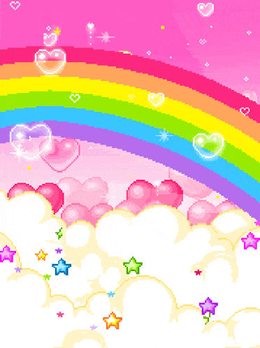 a pixel art of a rainbow with hearts and stars on a pink background