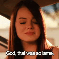 a woman in a car is saying god that was so lame .