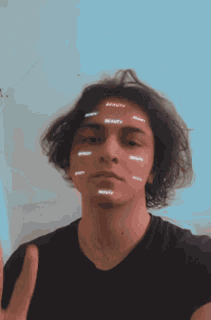a young man with many words on his face including beauty and ready