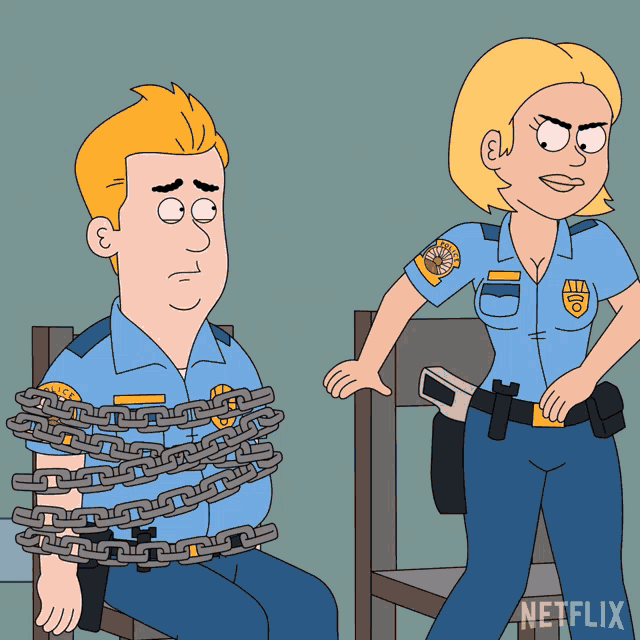 a cartoon of a police officer chained to a chair with netflix written on the bottom