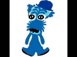 a drawing of a blue monster wearing a blue hat and glasses .