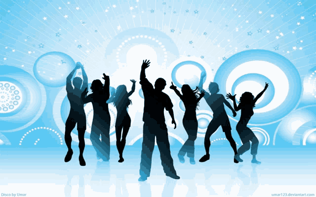 silhouettes of people dancing on a blue background with the words disco by umar at the bottom