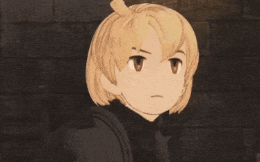 a cartoon character with blonde hair and a black jacket looks at the camera