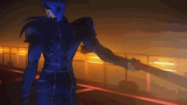 a man in a blue suit holding a sword