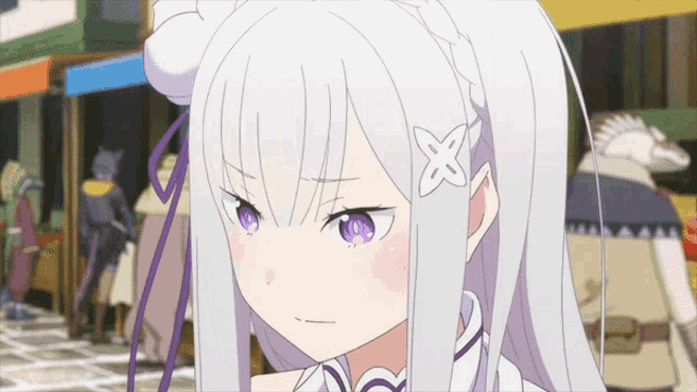 a girl with white hair and purple eyes has a flower on her head