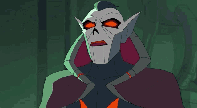a cartoon character with a skull on his head and red eyes is making a funny face
