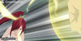 a woman with red hair is fighting a man with a yellow lightning bolt coming out of his chest .