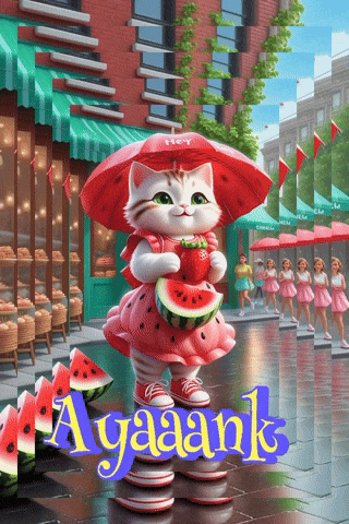 a cat wearing a watermelon dress holding a strawberry and a watermelon