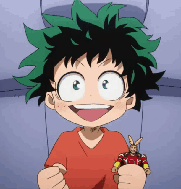 a cartoon character with green hair is holding a toy all might