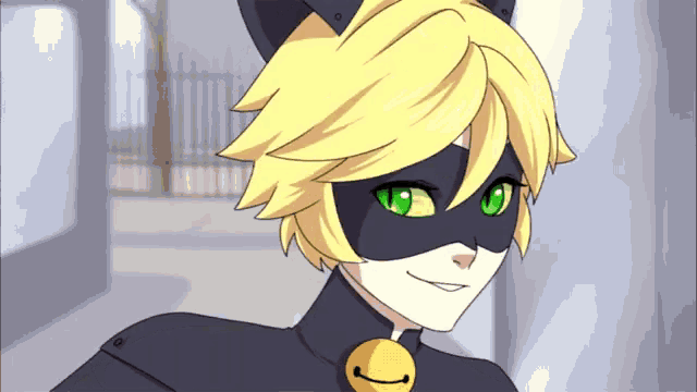 a cartoon character with a cat mask and green eyes