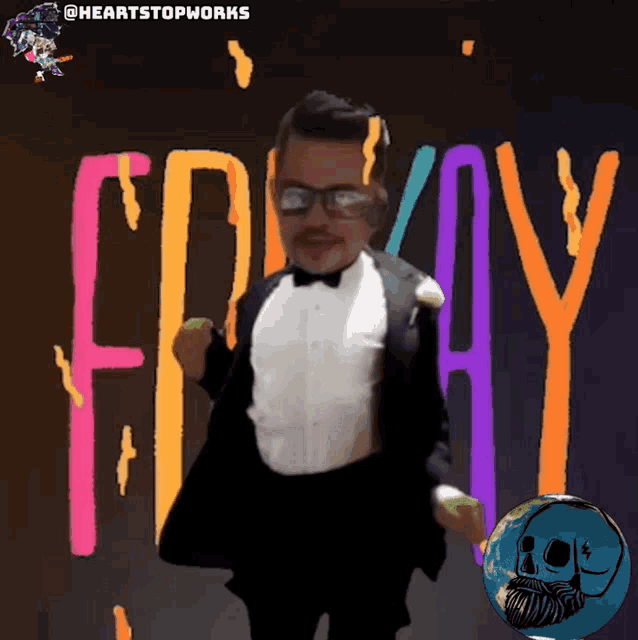 a man in a tuxedo is dancing in front of the words friday