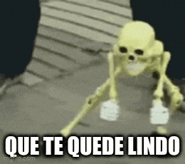 a skeleton is walking down a staircase with the words `` que te quede lindo '' written on it .