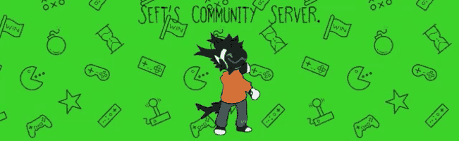 a green background with a cartoon character and the words see 's community server .