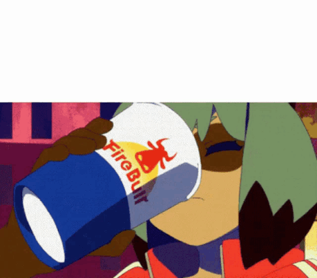 a cartoon character is drinking a can of fireball energy drink