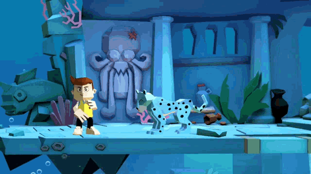 a dalmatian dog is standing in front of a wall with an octopus on it