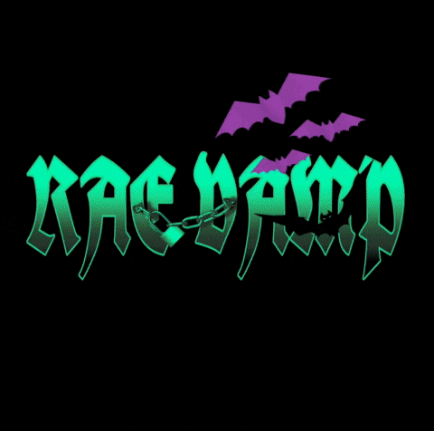 a green and purple logo for kac vamp with bats in the background