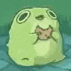 a cartoon frog with a cat in its mouth is sitting on a tiled floor .