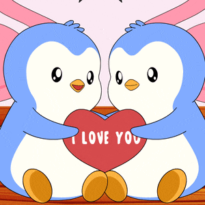 two penguins hugging each other while holding a heart that says " i love you "