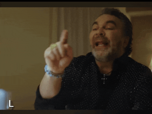 a man in a polka dot shirt is making a funny face and the letter l is in the corner