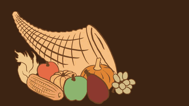 a cornucopia filled with fruits and vegetables on a dark brown background