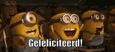 a group of minions are celebrating with the word gefeliciteerd written on the screen
