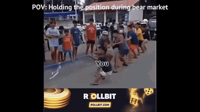 a group of people are standing in a line with the words " holding the position during bear market " at the top