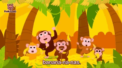a group of monkeys are dancing in a jungle with the words banana-na-nas