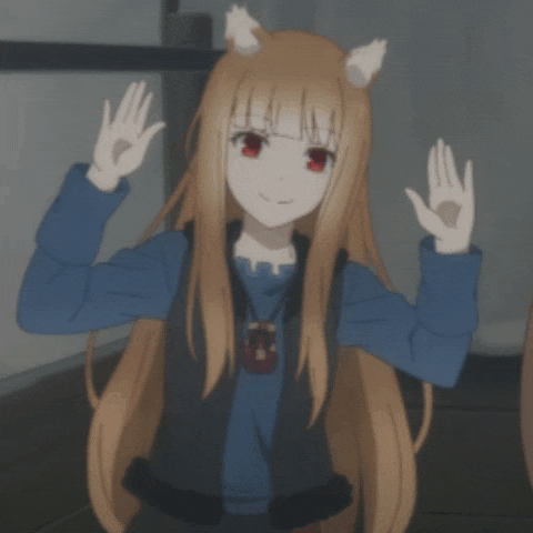 a girl with a cat ear on her head is waving her hands in the air