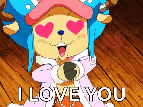a cartoon character with heart shaped eyes and the words i love you on the bottom