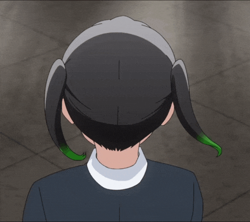 a close up of a person 's head with a white collar and green hair