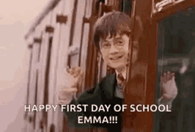 harry potter is waving from the window of a train and saying happy first day of school emma .