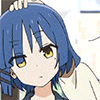a cartoon girl with blue hair and yellow eyes is standing in front of a window .