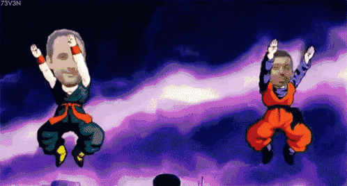 a cartoon of two people jumping in the air with their arms in the air